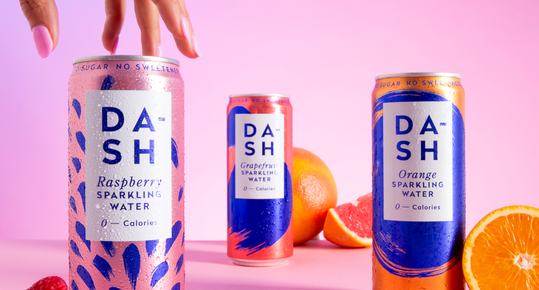 three DASH Water sparkling water drinks with real fruit