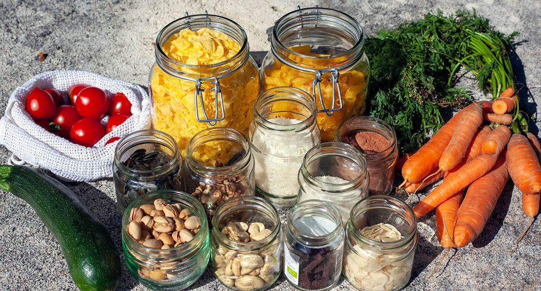 Jars of nuts seeds and vegetables