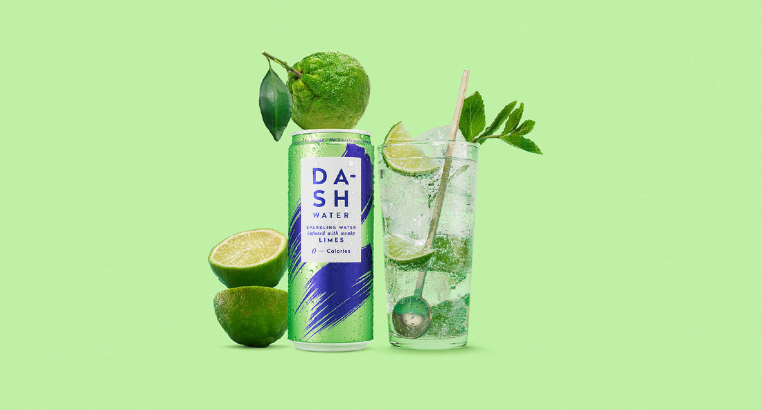 DASH Lime Mojito with a DASH Lime can and fresh limes